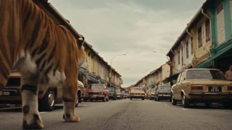 Storyboard shot 1: the tiger walks down an old shophouse street, low angle