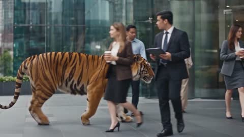 Storyboard shot 3: the tiger walks with office workers in the city
